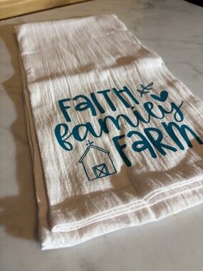 Faith Family Farm Blue Text White Kitchen Towel